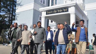 Leader of Opposition Mukesh Agnihotri with Congress legislators staged a walkout during the budget session of the Himachal Pradesh assembly in Shimla on Monday. (Deepak Sansta / HT) Leader of Opposition Mukesh Agnihotri with Congress legislators staged a walkout during the budget session of the Himachal Pradesh assembly in Shimla on Monday. (Deepak Sansta / HT)