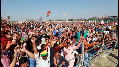 Kushinagar, Feb 28 (ANI): BJP supporters during a Union Home Minister Amit Shah's public rally for the Uttar Pradesh assembly elections, in Kushinagar on Monday. (ANI Photo) (ANI) Kushinagar, Feb 28 (ANI): BJP supporters during a Union Home Minister Amit Shah's public rally for the Uttar Pradesh assembly elections, in Kushinagar on Monday. (ANI Photo) (ANI)