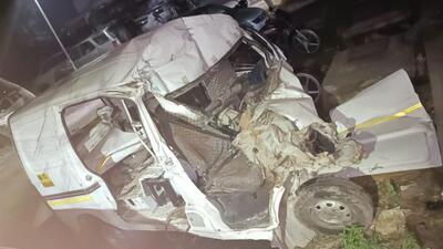 The mangled remains of the victim’s Maruti Eeco car at Alamgir village, Lalru, in Mohali. The truck driver fled from the spot after the accident. (HT Photo)