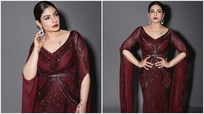 Raveena Tandon picked this gorgeous red-carpet-worthy gown from designer Bhawna Rao's collection. (Instagram/@officialraveenatandon)