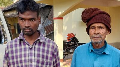 Maoist central committee member Arun Kumar Bhattacharjee aka Kancha Da (in blue shirt) was arrested by the Assam Police in Cachar district. (HT Photo)