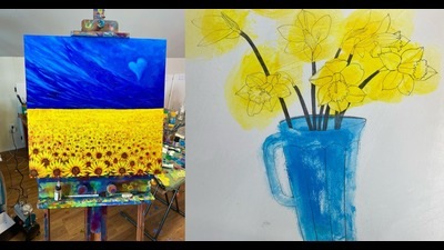 Artworks on auction, to raise funds for relief work, are utilising motifs such as sunflower and colours of the Ukrainian flag.
