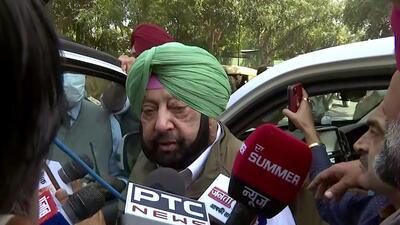 Punjab Lok Congress chief Captain Amarinder Singh speaks to the media after his meeting with Union home minister Amit Shah, in New Delhi on Monday. (ANI)
