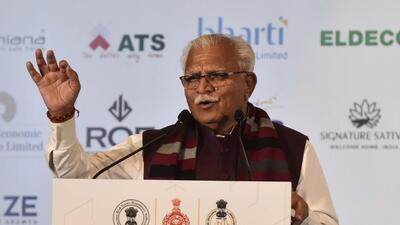 Gurugram, India - Feb. 26, 2021: Haryana Chief Minister ML Khattar addresses the gathering during Urban Development Conclave concluding session, at Hotel Leela, in Gurugram, India, on Saturday, February 26, 2021. (Photo by Vipin Kumar / Hindustan Times) (Vipin Kumar /HT PHOTO) Gurugram, India - Feb. 26, 2021: Haryana Chief Minister ML Khattar addresses the gathering during Urban Development Conclave concluding session, at Hotel Leela, in Gurugram, India, on Saturday, February 26, 2021. (Photo by Vipin Kumar / Hindustan Times) (Vipin Kumar /HT PHOTO)