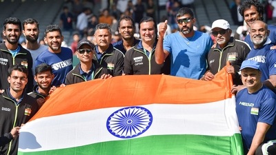 Indian team players and coaches after India defeated against Denmark during their Davis Cup World Group 1 playoff match. (PTI) Indian team players and coaches after India defeated against Denmark during their Davis Cup World Group 1 playoff match. (PTI)