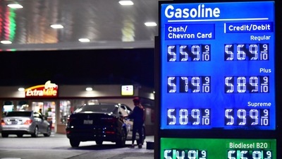 Prices for gas and diesel fuel, over $5 a gallon, are displayed at a petrol station in Monterey Park, California. (AFP)