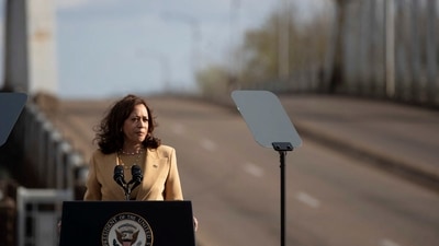 U.S. Vice President Kamala Harris makes remarks during the “Bloody Sunday” commemorations at the Edmund Pettus Bridge in Selma, Alabama, US. (REUTERS)
