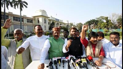 Legislators of RJD, CPI-ML and AIMIM demonstrate outside the Bihar Assembly on Monday. (Santosh Kumar/HT Photo) Legislators of RJD, CPI-ML and AIMIM demonstrate outside the Bihar Assembly on Monday. (Santosh Kumar/HT Photo)