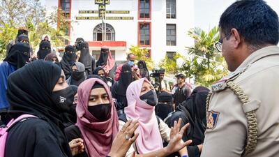 On March 3, college authorities denied permission to the hijab-clad girls to sit for the internal exams based on the Karnataka high court’s interim order and asked them to leave the college premises. (PTI) On March 3, college authorities denied permission to the hijab-clad girls to sit for the internal exams based on the Karnataka high court’s interim order and asked them to leave the college premises. (PTI)