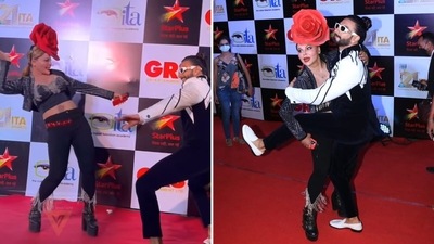 Rakhi Sawant and Ranveer Singh at ITA awards on Sunday. (Varinder Chawla) Rakhi Sawant and Ranveer Singh at ITA awards on Sunday. (Varinder Chawla)