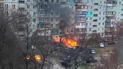 Fire is seen in Mariupol at a residential area after shelling amid Russia's invasion of Ukraine March 3, 2022, in this image obtained from social media. (Twitter @AyBurlachenko via REUTERS)