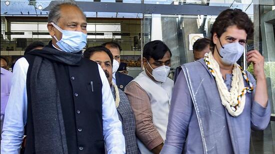 Congress leader Priyanka Gandhi was welcomed by chief minister Ashok Gehlot at the Jaipur airport on Monday. (PTI)