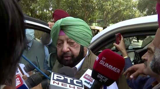 Punjab Lok Congress chief Captain Amarinder Singh speaks to the media after his meeting with Union home minister Amit Shah, in New Delhi on Monday. (ANI)