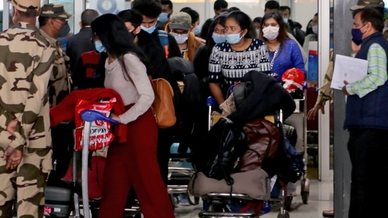 Indian nationals arrive after being evacuated from war-torn Ukraine under Operation Ganga at IGI Terminal 3 Airport, in New Delhi. (ANI Photo)(Ayush Sharma)