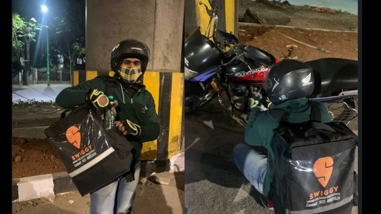 Photos of Swiggy delivery agent Roshan Dalvi who helped the woman.(Akshita Changan/Linkedin) Photos of Swiggy delivery agent Roshan Dalvi who helped the woman.(Akshita Changan/Linkedin)
