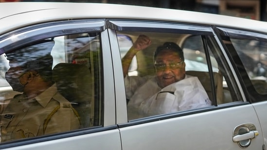 CP leader and Maharashtra minister Nawab Malik on his way to court, after his arrest by the Enforcement Director (ED) in connection with a money laundering case involving Dawood Ibrahim, in Mumbai, Thursday, March 3, 2022. (PTI Photo/Kunal Patil)