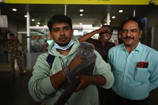 Goutham Hariharan, a medical student from Tamil Nadu brought his cat Gray along from Ukraine. Goutham Hariharan, a medical student from Tamil Nadu brought his cat Gray along from Ukraine.