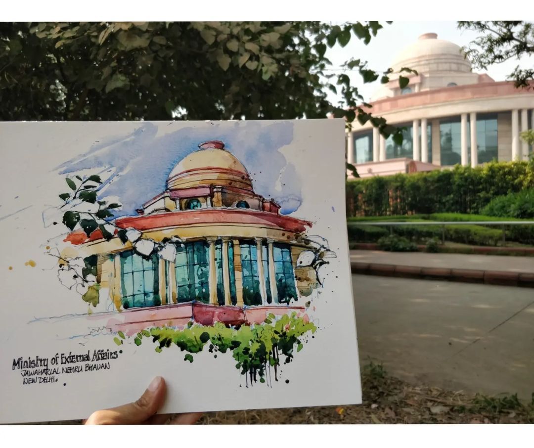 Monali Haldipur’s rendition of the MEA building in Delhi. Monali Haldipur’s rendition of the MEA building in Delhi.