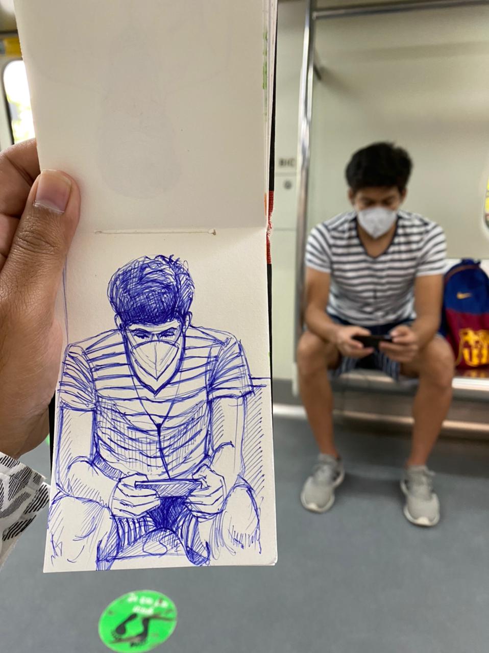 Artist Ashish Chauhan captures candid poses of travellers in the Delhi Metro. Artist Ashish Chauhan captures candid poses of travellers in the Delhi Metro.