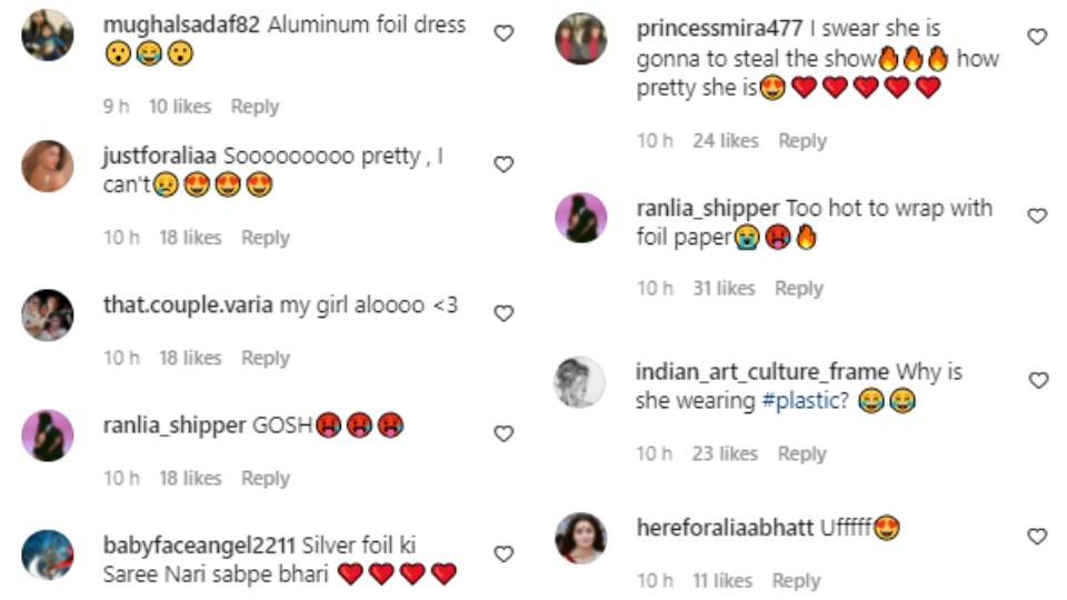 Comments on Alia Bhatt's silver saree look.&nbsp;