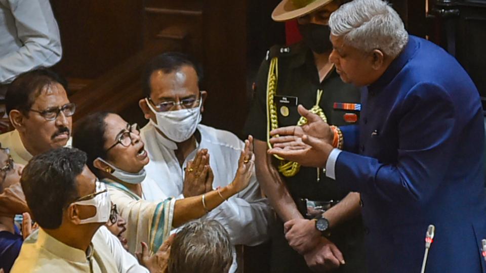 West Bengal CM Mamata Banerjee requests governor Jagdeep Dhankar to start his inaugural address, amid a protest staged by BJP MLAs on the first day of the budget session of the state assembly, in Kolkata. (PTI photo) West Bengal CM Mamata Banerjee requests governor Jagdeep Dhankar to start his inaugural address, amid a protest staged by BJP MLAs on the first day of the budget session of the state assembly, in Kolkata. (PTI photo)
