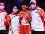 Mahi Siwach poses with the coaches after her semi-finals win on Tuesday. (ASBC) Mahi Siwach poses with the coaches after her semi-finals win on Tuesday. (ASBC)