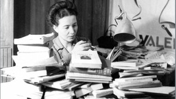 Simone de Beauvoir at her desk in 1945