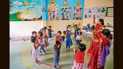 The kids were victims because their social development skills were affected. (In pic) Students are seen playing with their classmates at Ranade Balak Mandir as pre-schools reopened in the city after the government lifted Covid-19 restrictions in Pune on March 2. (HT PHOTO)