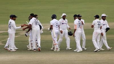 Indian team players celebrate after winning the first test match by an innings and 222 runs against Sri Lanka, at PCA Stadium, in Mohali on Sunday (ANI) Indian team players celebrate after winning the first test match by an innings and 222 runs against Sri Lanka, at PCA Stadium, in Mohali on Sunday (ANI)