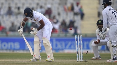 Sri Lanka's Lahiru Kumara is cleaned bowled by India's Ravindra Jadeja (not pictured) during the third day of the first Test cricket match between India and Sri Lanka at the Punjab Cricket Association Stadium in Mohali (AFP) Sri Lanka's Lahiru Kumara is cleaned bowled by India's Ravindra Jadeja (not pictured) during the third day of the first Test cricket match between India and Sri Lanka at the Punjab Cricket Association Stadium in Mohali (AFP)