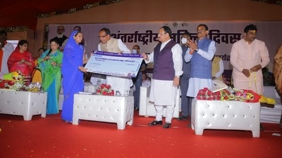 Madhya Pradesh chief minister Shivraj Singh Chouhan and BJP president JP Nadda during the International Women's Day event in Dewas on Tuesday (Twitter/CMO Madhya Pradesh) Madhya Pradesh chief minister Shivraj Singh Chouhan and BJP president JP Nadda during the International Women's Day event in Dewas on Tuesday (Twitter/CMO Madhya Pradesh)