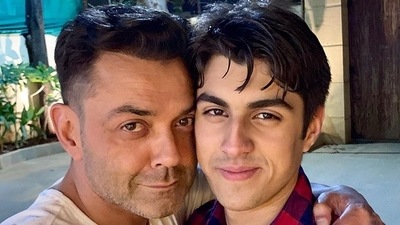 Bobby Deol with his son Aryaman Deol. Bobby Deol with his son Aryaman Deol.