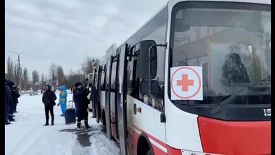 Buses wait during evacuations amid the Russian invasion of Ukraine. (REUTERS)