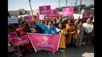 Congress Mahila Morcha leaders and activists taking out a protest march against the central government over inflation, unemployment and other issues in Jammu on Tuesday. (ANI)