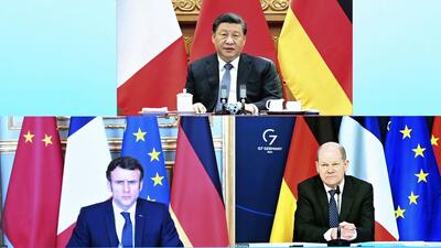 Chinese President Xi Jinping takes part in a video summit with French President Emmanuel Macron (bottom left) and German Chancellor Olaf Scholz (bottom right), seen on a screen in Beijing on Tuesday. (AP) Chinese President Xi Jinping takes part in a video summit with French President Emmanuel Macron (bottom left) and German Chancellor Olaf Scholz (bottom right), seen on a screen in Beijing on Tuesday. (AP)