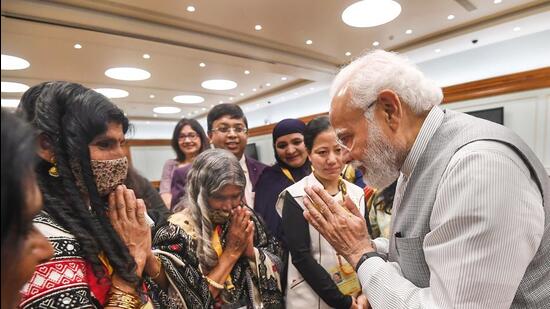 Prime Minister Narendra Modi with recipients of the Nari Shakti Puraskar on the eve of International Women's Day. (PTI)
