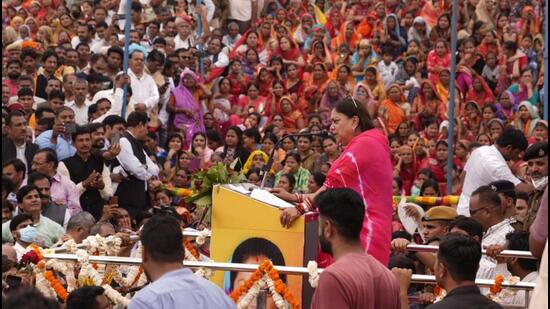 Former Rajasthan chief minister Vasundhara Raje addressed a massive gathering at Keshoraipatan town in Bundi district of Rajasthan on her 68th birthday on Tuesday.