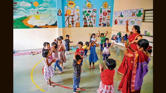 The kids were victims because their social development skills were affected. (In pic) Students are seen playing with their classmates at Ranade Balak Mandir as pre-schools reopened in the city after the government lifted Covid-19 restrictions in Pune on March 2. (HT PHOTO)