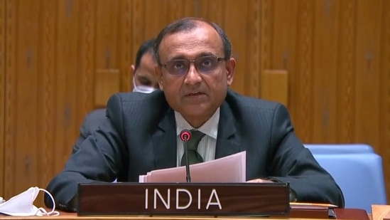 India’s ambassador to the UN TS Tirumurti speaks at an emergency meeting of the UNSC. (Twitter @ambtstirumurti)