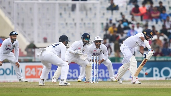 Sri Lanka's Lasith Embuldeniya plays a shot during the 3rd day of 1st cricket test match between India and Sri Lanka, at IS Bindra PCA Stadium, Mohali, Sunday, March 6, 2022(PTI)