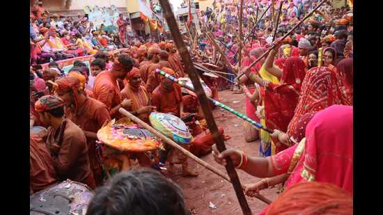 The famous ‘Latha-maar’ Holi in Barsana. (HT file photo) The famous ‘Latha-maar’ Holi in Barsana. (HT file photo)