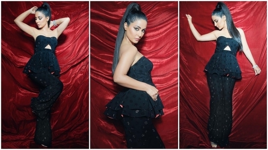 Hina Khan strikes a ‘Power Pose’ in black bustier and pants set.