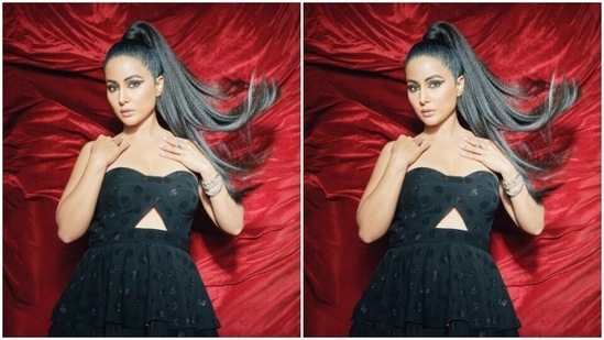 Styled by fashion stylist Sayali Vidya, Hina wore her tresses into a clean ponytail as she posed like a diva.(Instagram/@realhinakhan)