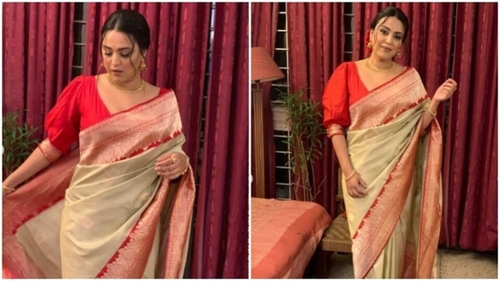 Swara Bhasker keeps setting the fashion bar higher for us, one post at a time. The actor,a day back, ditched casuals and instead decked up in a stunning ethnic ensemble and dropped major fashion cues for her fans on Instagram. In a classic white and red saree, Swara Bhasker looked right out of an ethnic fashion fairytale.(Instagram/@reallyswara)