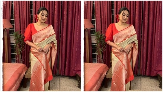 Swara Bhasker scurried through her mom Ira Bhasker's wardrobe and picked a white and red saree for the pictures.(Instagram/@reallyswara)