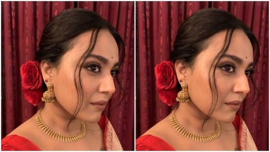 In gold jhumkas, gold choker and gold bangles, Swara accessorised her ethnic look to perfection.(Instagram/@reallyswara)