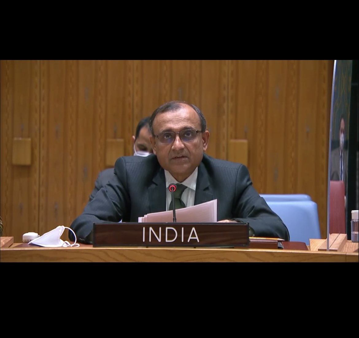 India’s ambassador to the UN TS Tirumurti speaks at an emergency meeting of the UNSC. (Twitter @ambtstirumurti)