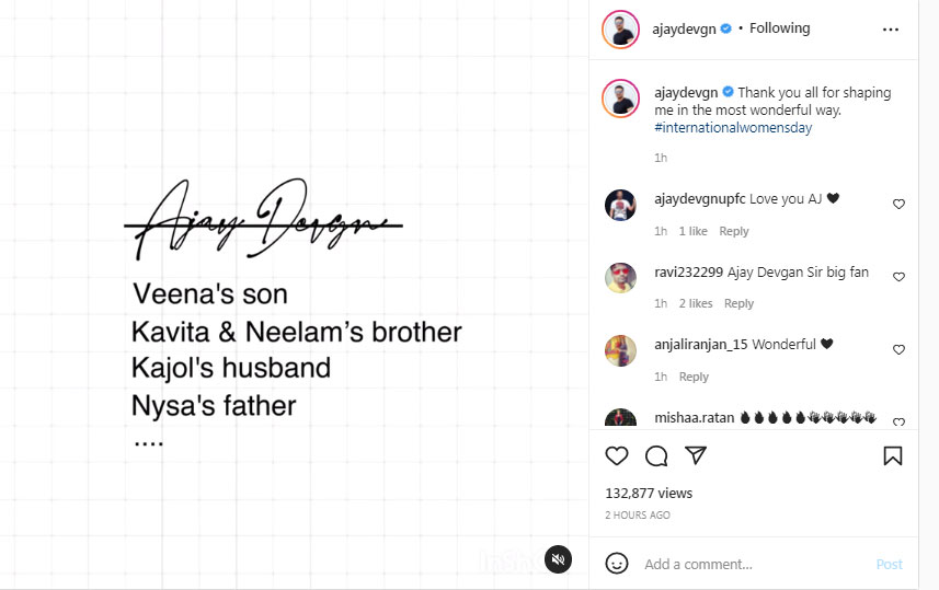 Ajay Devgn dedicated a Women's Day post to the women in his life. Ajay Devgn dedicated a Women's Day post to the women in his life. 