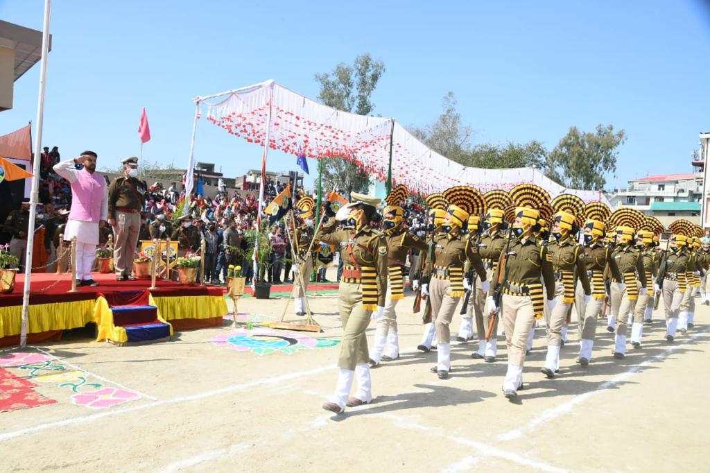 Union minister of Information and Broadcasting, and Youth Affairs and Sports Anurag Thakur at the launch of Mahila Suraksha Kavach organised at the Government Senior Secondary Boys School Ground, Hamirpur, Himachal Pradesh on Tuesday, March 8, 2022.