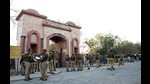 Security personnel stand guard outside the strong room at Ramabai Ambedkar Maidan before a day of counting of Uttar Pradesh Assembly Election, in Lucknow on Wednesday. (ANI)